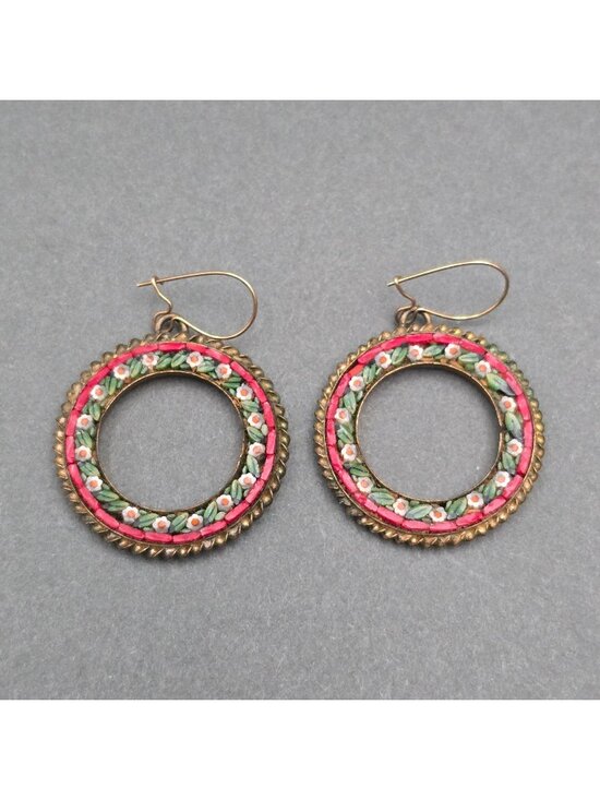 Estate Jewelry - Vintage Micro Mosaic Picture Frame Drop Earrings Italian Floral Brass Setting